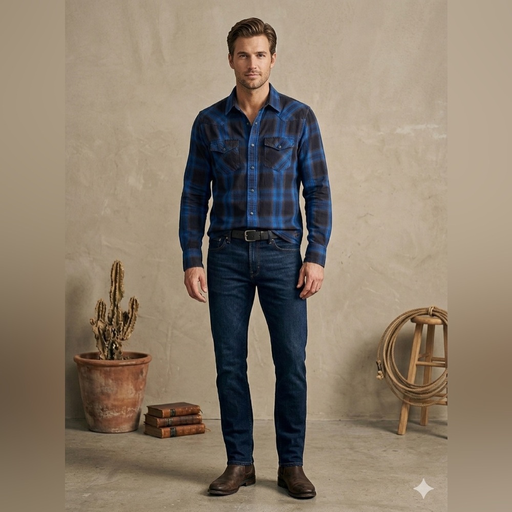 American Eagle Western Snap Shirt Blue Brown Plaid Flannel Vintage Fit Mens XS